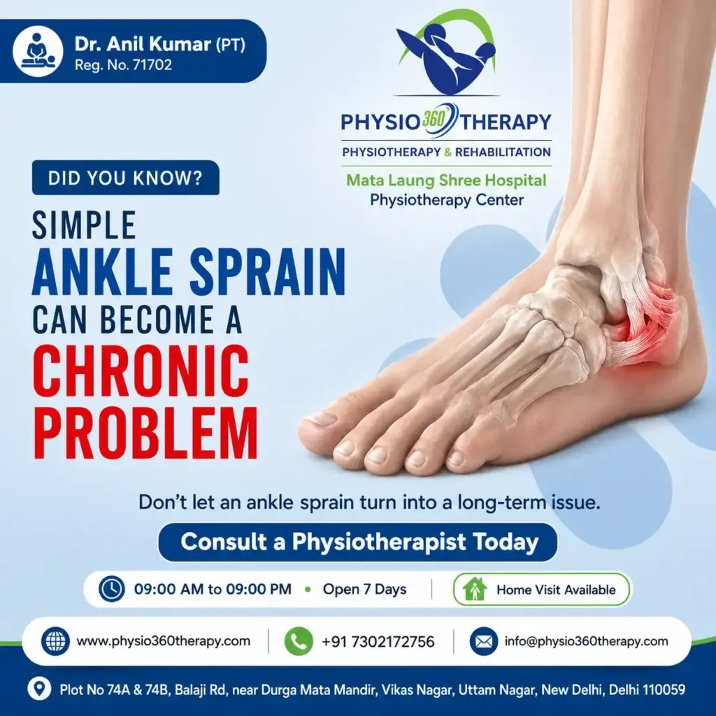 Ankle sprain treatment poster showing injured ankle ligaments at Physio360 Therapy in Uttam Nagar